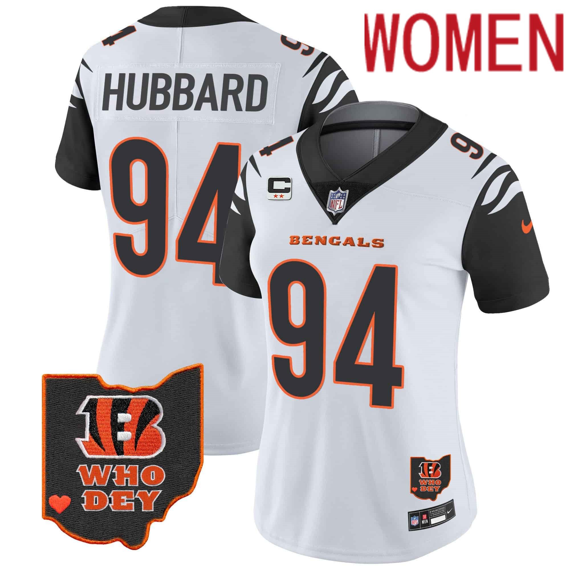 Women Cincinnati Bengals 94 Hubbard White 2024 Nike Patch Vapor Limited NFL Jersey style 1